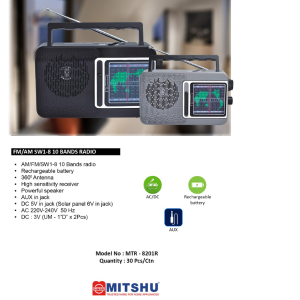 MTR-8201R -FM RADIO - USB TF CARD BT AUX & RECHARGEAB  (MTR-8201R )